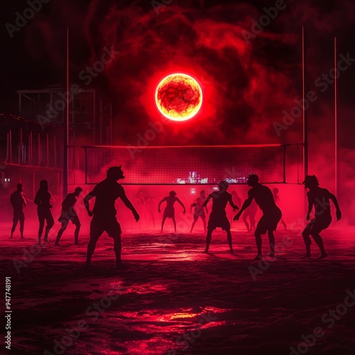 Eerie Werewolf Volleyball Match at Cursed Midnight Beach Court with Glowing Orbs