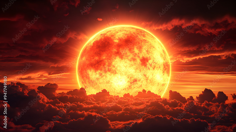 Dramatic Fiery Sun Surrounded by Dramatic Clouds in the Dramatic Sky Landscape Background Dramatic Fiery Sun Surrounded by Dramatic Clouds in the Dramatic Sky Landscape Background