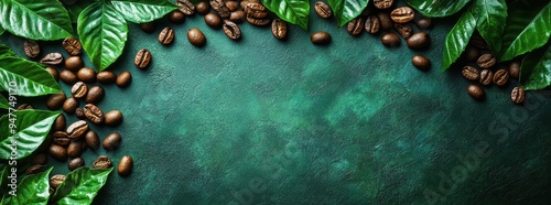 Coffee Beans and Leaves on Green Background with Copy Space for Text, Banner Design