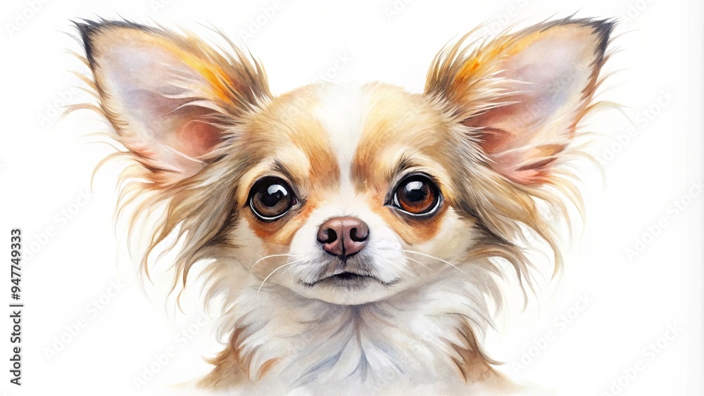 Watercolour painting of a cute chihuahua with big eyes and fluffy ears on a white background Watercolour painting of a cute chihuahua with big eyes and fluffy ears on a white background