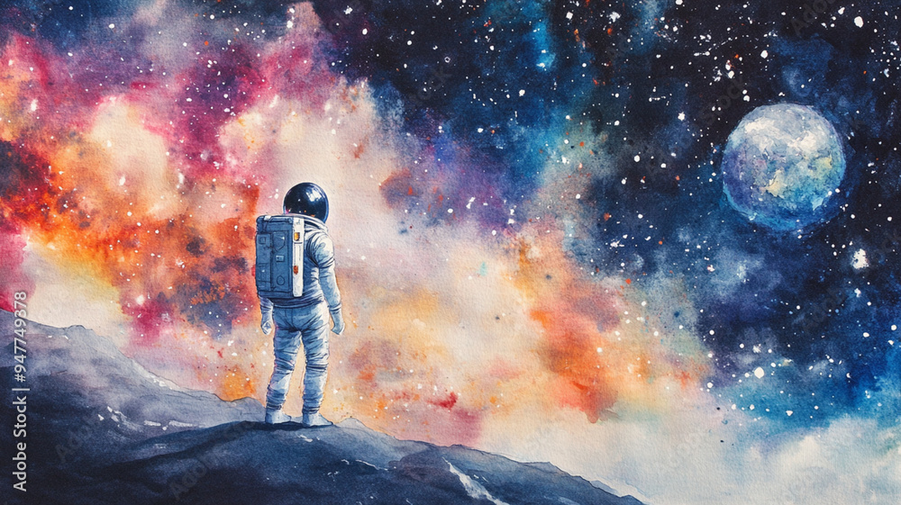 watercolor of astronaut in galaxy space