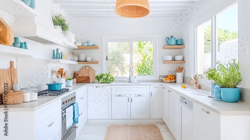 A boho Mediterranean kitchen with a rattan pendant light, open shelving, and colorful ceramics. Minimalist Art Media realistic