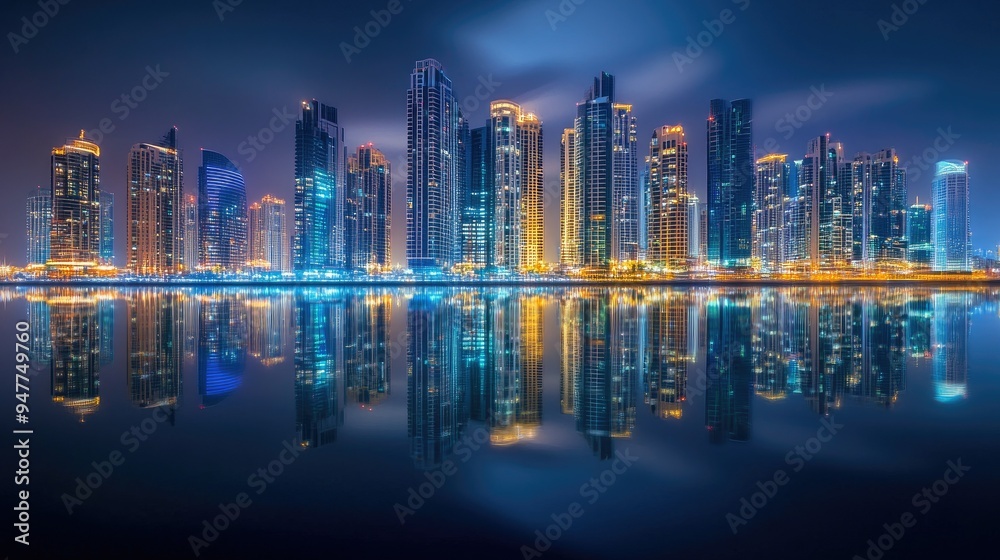 Marina City Lights: A breathtaking long exposure of Dubai Marina at night, highlighting the illuminated skyscrapers and their reflections on the marina waters. Marina City Lights: A breathtaking long exposure of Dubai Marina at night, highlighting the illuminated skyscrapers and their reflections on the marina waters.