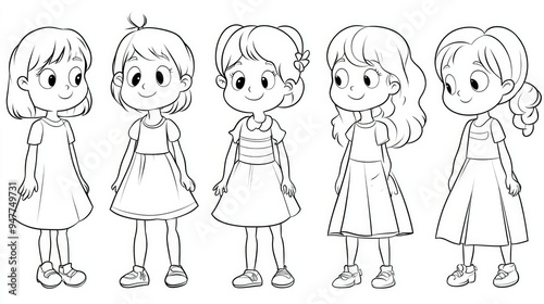 Nine cartoon-style illustrations of a little girl with black outlines, designed for kids' coloring activities. Fun and easy-to-color images.