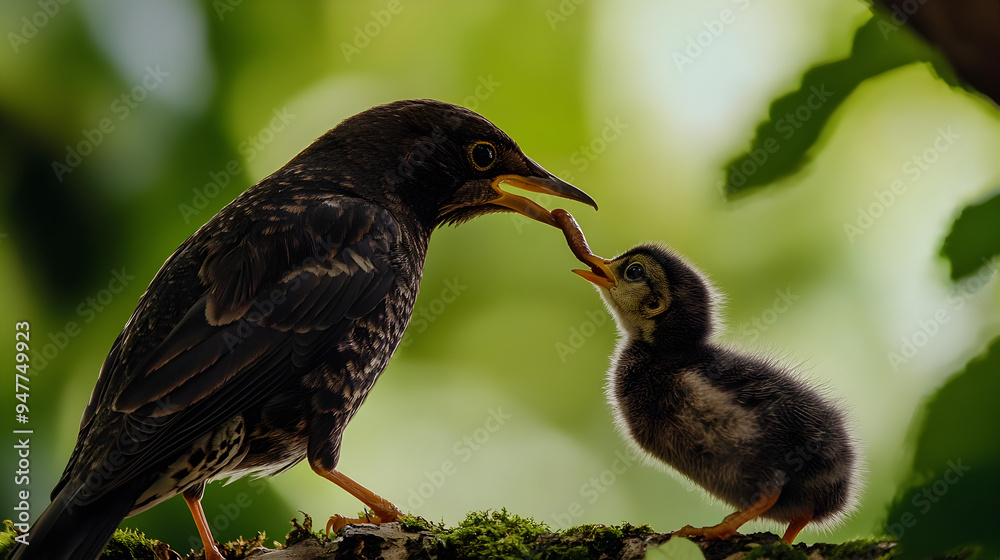 Black Starling Feeding Baby Chick in Lush Green Foliage Black Starling Feeding Baby Chick in Lush Green Foliage