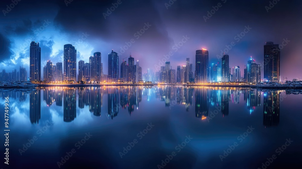 Obraz premium Marina Evening Glow: Captivating long exposure shot of Dubai Marina at night, highlighting the stunning reflections of city lights on the water.