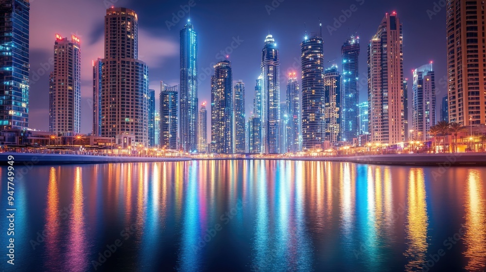 Obraz premium Marina Evening Reflections: Long exposure of Dubai Marina at night, featuring the shimmering light reflections on the water from the iconic skyscrapers.