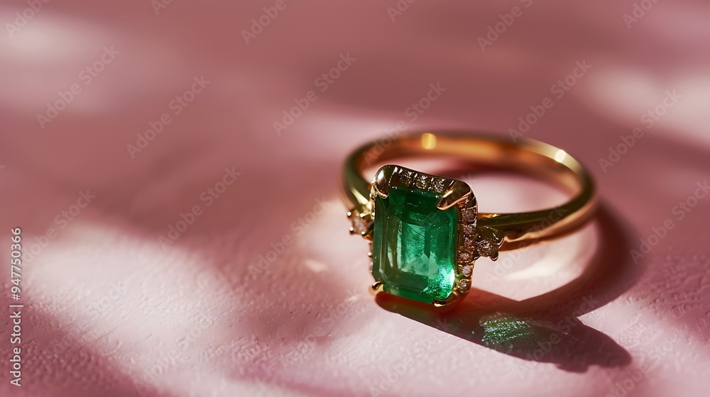 An unevenly set emerald ring against a gentle coral background An unevenly set emerald ring against a gentle coral background