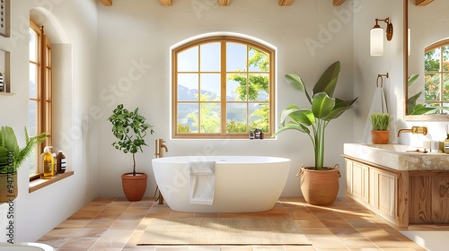 A boho Mediterranean bathroom with a terracotta floor, wooden vanity, and brass fixtures. Minimalist Art Media realistic photo