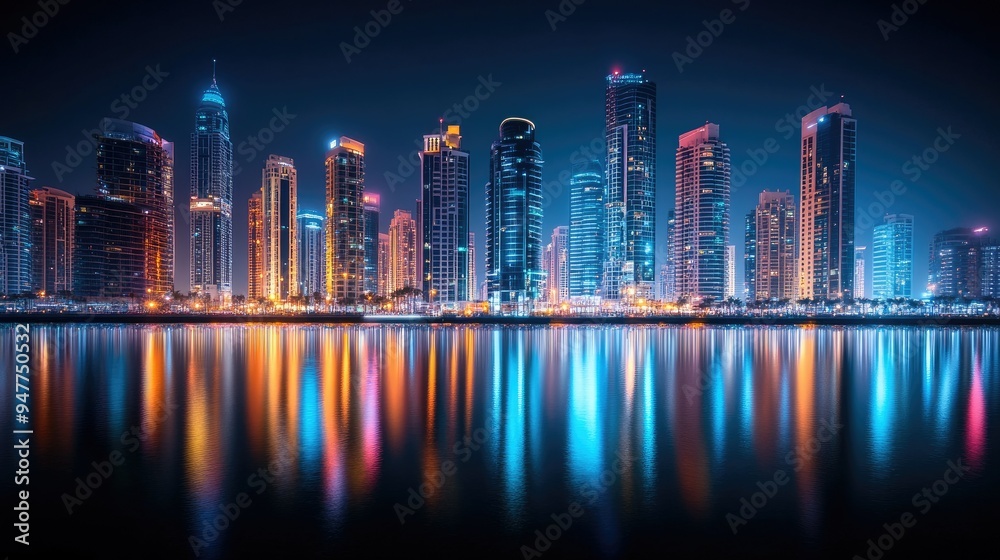 Fototapeta premium Marina Nightscape Reflections: Long exposure night view of Dubai Marina, showcasing the luminous reflections of the skyline on the tranquil water.