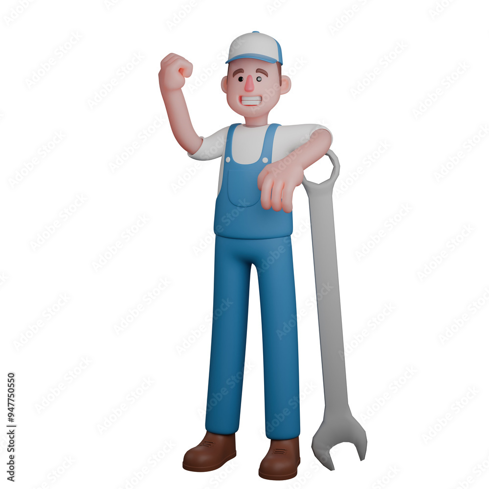 3D Automotive Expert. A cheerful mechanic in a blue uniform, holding a large wrench and raising his hand enthusiastically. Cartoon Male Mechanic 3D Automotive Expert. A cheerful mechanic in a blue uniform, holding a large wrench and raising his hand enthusiastically. Cartoon Male Mechanic