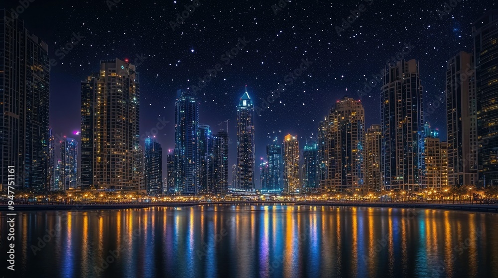 Marina Skyline Lights: Captivating night view of Dubai Marina with shimmering reflections on the canal, highlighting the futuristic architecture under a starry sky.