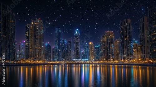 Marina Skyline Lights: Captivating night view of Dubai Marina with shimmering reflections on the canal, highlighting the futuristic architecture under a starry sky.