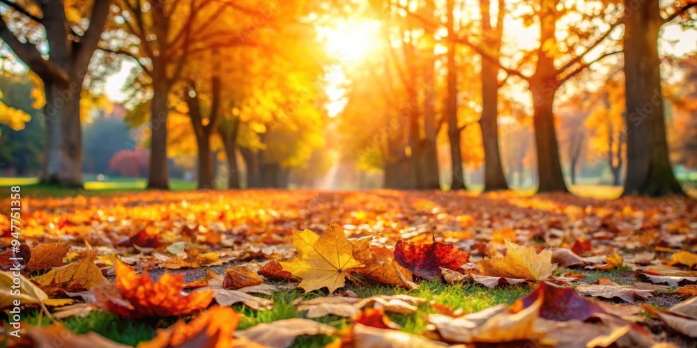 Autumn leaves covering the ground in a peaceful park , Fall, foliage, nature, trees, colorful, seasonal, serene, outdoors