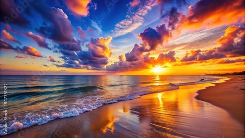 Vibrant sunset on a peaceful beach , sunset, beach, horizon, sky, sea, waves, tranquil, serene, tropical, dusk, evening