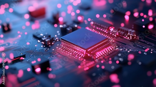 A close up shot of a circuit board, emphasizing the complex technology behind data processing.