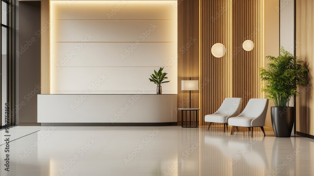 Minimalist hotel lobby with empty sofa and chair, clean lines, and modern decor. Perfect setting for showcasing sophisticated interior design and hospitality concepts.