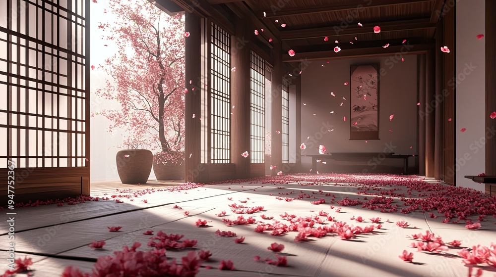 Fototapeta premium Minimalist Japanese interior with sakura petals falling outside, natural light streaming in, and traditional architectural elements. Ideal for branding presentations. 3D render.
