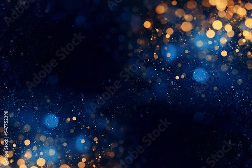 Bokeh lumineux de points dorés et bleus sur un fond sombre, créant une ambiance festive et élégante - guirlandes de noël, sapin de noël, fête de fin d'année espace négatif copyspace photo