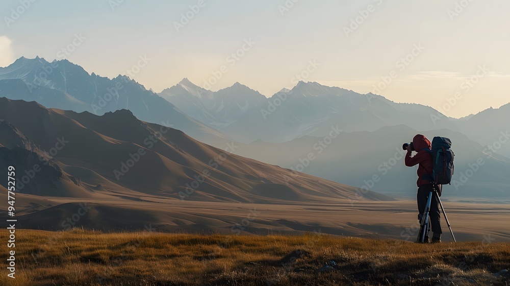 Solo Traveler Capturing Mountain Landscape with a Camera Solo Traveler Capturing Mountain Landscape with a Camera