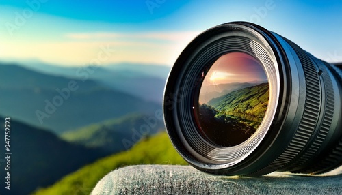 Close-up of a camera lens reflecting a scenic landscape photo