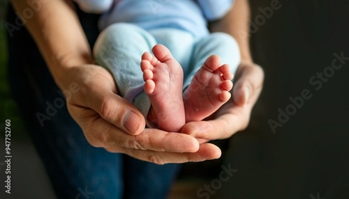 Close-up of a newborn baby’s tiny feet in parents’ hands photo