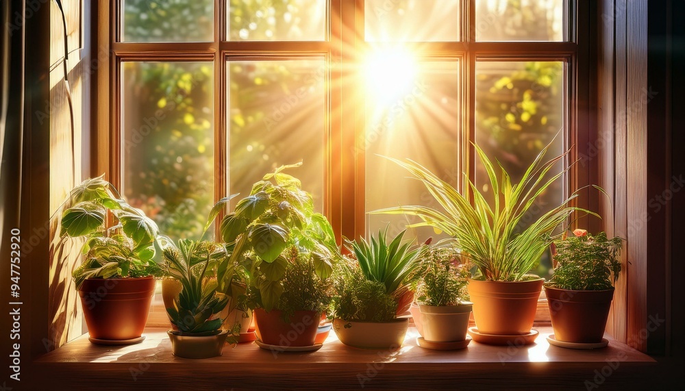 Sunlight streaming through a window with houseplants Sunlight streaming through a window with houseplants