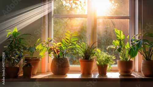 Sunlight streaming through a window with houseplants photo