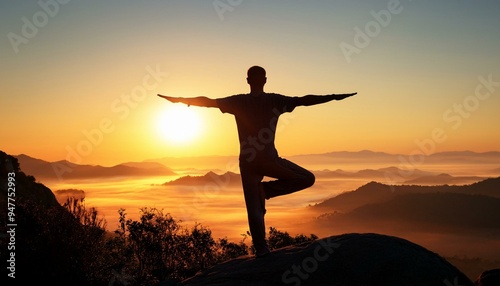 Silhouette of a person practicing yoga at sunrise photo