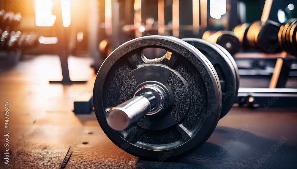 Close-up of a barbell and weights in a gym Close-up of a barbell and weights in a gym