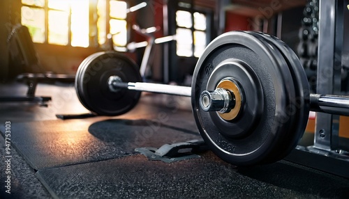 Close-up of a barbell and weights in a gym