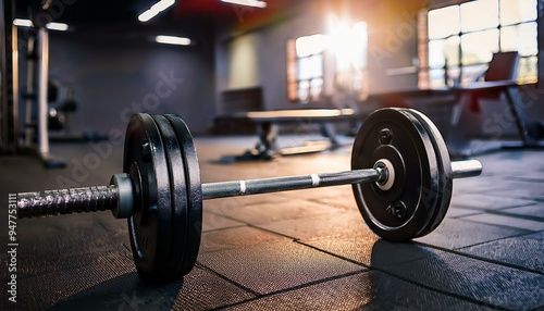 Close-up of a barbell and weights in a gym