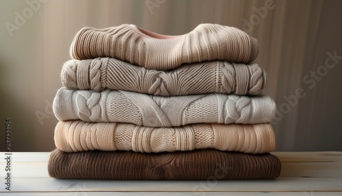 Stack of folded cozy sweaters in neutral tones