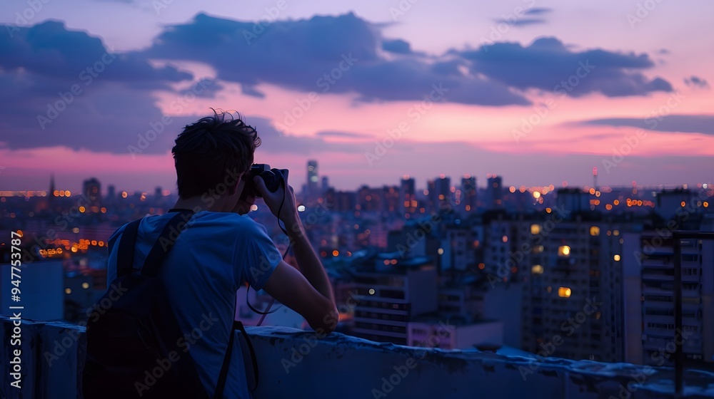 Man Taking Photo of Cityscape at Sunset