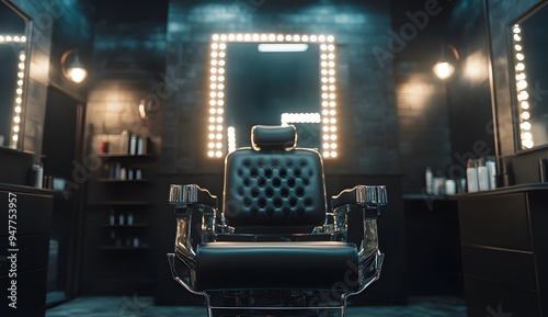 Black barber chair in a barbershop with a mirror and lights in the background. Luxurious interior of a hair salon for men. 