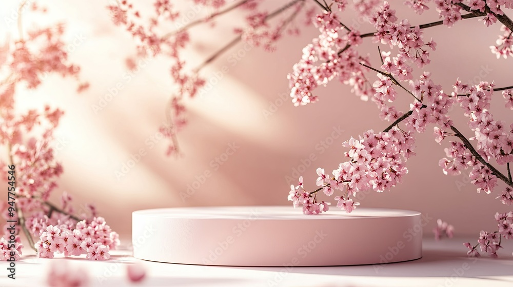 Natural beauty podium set under sakura cherry blossoms, with soft sunlight filtering through the branches. A perfect spring backdrop for elegant product displays. Natural beauty podium set under sakura cherry blossoms, with soft sunlight filtering through the branches. A perfect spring backdrop for elegant product displays.