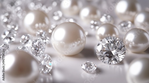Close up of beautiful pearls and sparkling diamonds on white