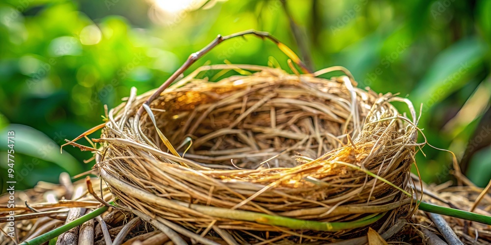 An empty bird nest made from dry grass in a garden An empty bird nest made from dry grass in a garden