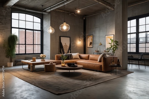 modern living room Farmhouse  country home interior design of modern living room.  Fireplace and wooden logs coffee table near gray fabric sofa. Interior design of modern scandinavian living room