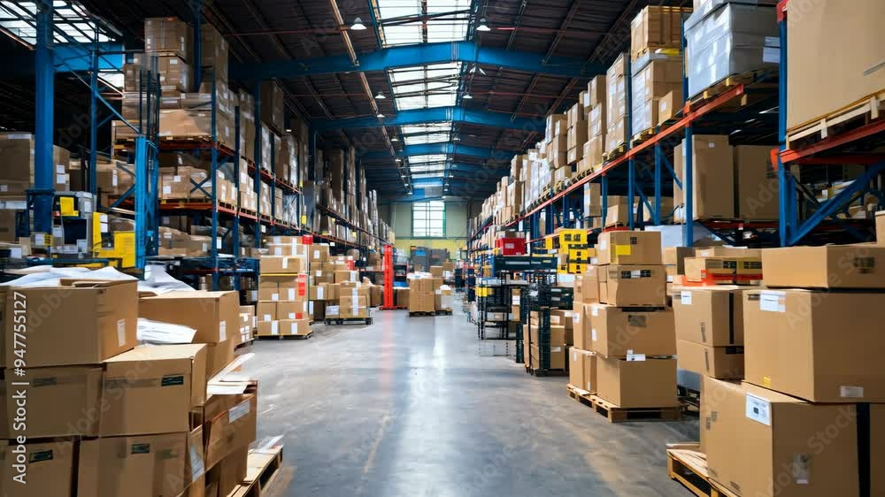 Warehouse interior with stacked boxes during daylight operations in autumn Warehouse interior with stacked boxes during daylight operations in autumn