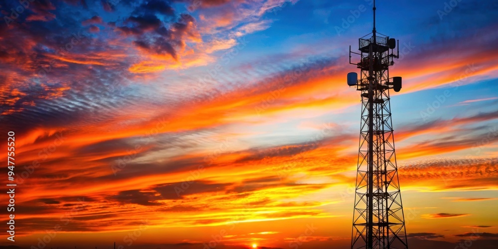Fototapeta premium Telecommunication tower silhouette against colorful sunset sky background, sunset, telecommunication