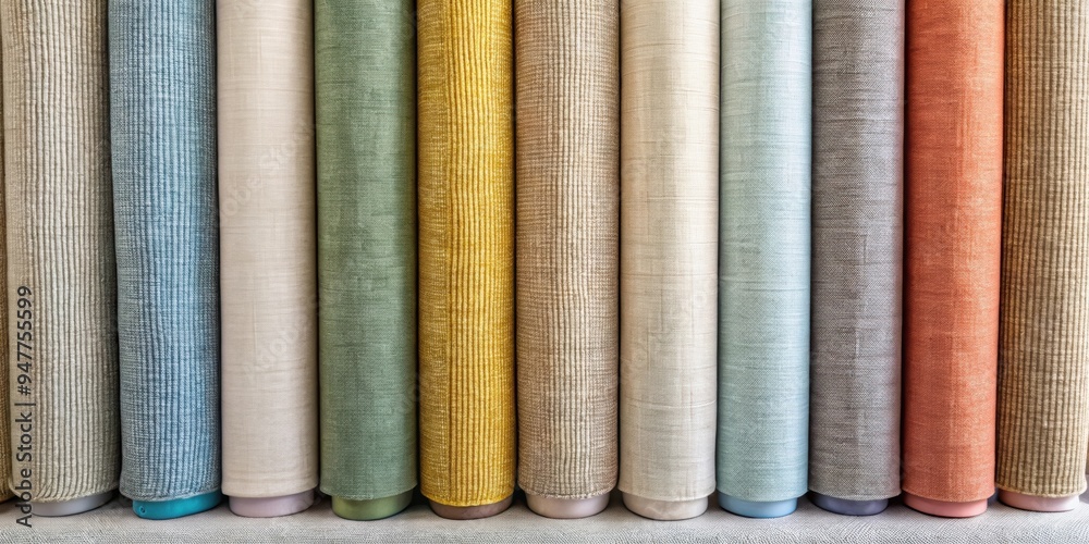 Neatly arranged rolls of linen fabric in a row, showcasing a variety of colors and textures, linen, fabric Neatly arranged rolls of linen fabric in a row, showcasing a variety of colors and textures, linen, fabric