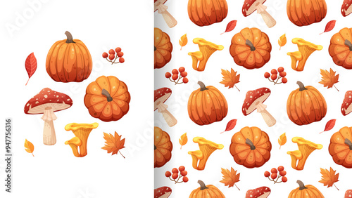 Autumn pattern with orange pumpkin, mushrooms, berries and leaves on white background. Vector seamless ornament, hello autumn