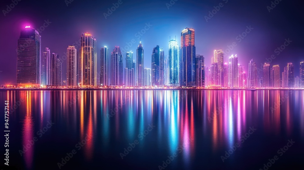 Night Lights of Marina: Long exposure view of Dubai Marina at night, with the bright reflections of the illuminated skyline on the water creating a mesmerizing scene.