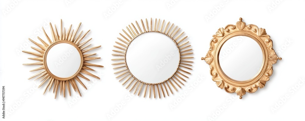 Fototapeta premium a Boho-style mirror featuring a decorative frame with a sunburst pattern. 