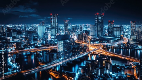 Wallpaper Mural Nighttime cityscape featuring sleek skyscrapers, illuminated bridges, and advanced technology hubs. A perfect setting for innovative tech presentations. Torontodigital.ca