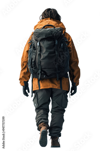 The illustration depicts a person dressed for hiking. They feature a large backpack and outdoor apparel, showcasing a passion for exploring nature. photo