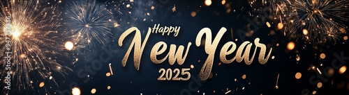 Silvester 2025 Happy New Year, New Year`s Eve Party background banner panorama long greeting card - Golden firework fireworks on dark black night sky texture photo