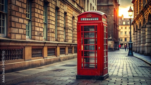 Vintage red telephone box in a city street setting