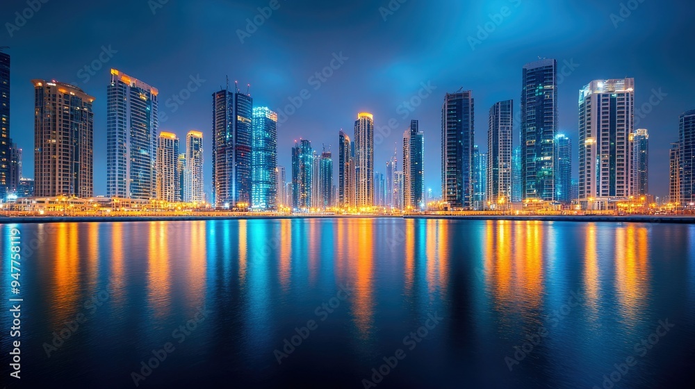 Fototapeta premium Nighttime Skyline: Long exposure view of Dubai Marina at night, with the city lights reflecting brightly on the water, showcasing the skyline's grandeur.